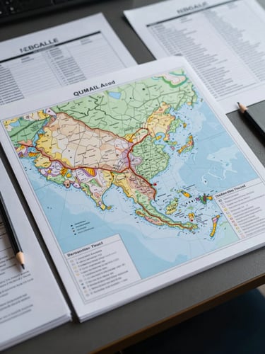 Close overhead shot of a large-format geopolitical briefing document laid flat on a dark desk, with a pencil and printed regulatory reference pages visible at the edges, cool studio overhead lighting, no people
