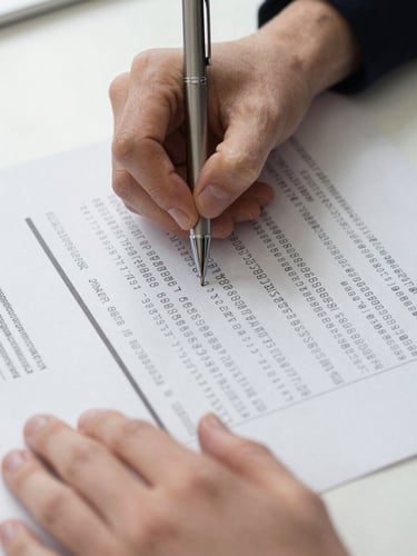 Extreme close-up overhead shot of hands reviewing a printed loan agreement on a clean white desk, a pen resting mid-page, typed columns of figures visible, even overcast natural light