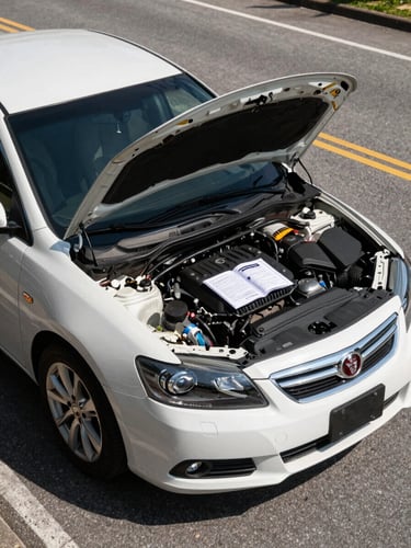 Three-quarter exterior shot of a clean mid-size sedan parked on a Cayman road in honest midday sunlight, engine bay open to show a tidy, well-maintained engine compartment, a folded service record booklet resting on the air filter housing, natural shadows on tarmac