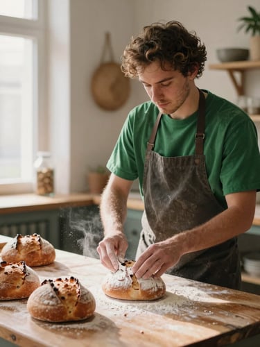 A rustic baker dusting flour over fresh sourdough loaves in a cozy Scandinavian-style bakery kitchen, soft natural morning light