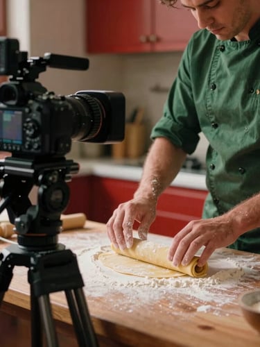 Behind-the-scenes shot of a professional camera on a tripod, capturing a chef's hands dusting flour over freshly rolled pasta dough in a warm, sunlit kitchen, rich crimson and forest green tones, shallow depth of field, 35mm film look