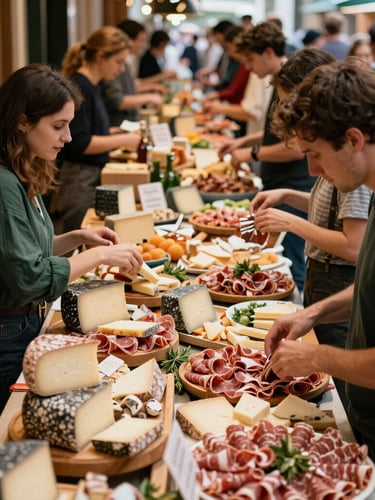 High-angle shot of a lively, crowded modern food market with shoppers browsing beautifully arranged cheese and charcuterie boards, warm ambient lighting