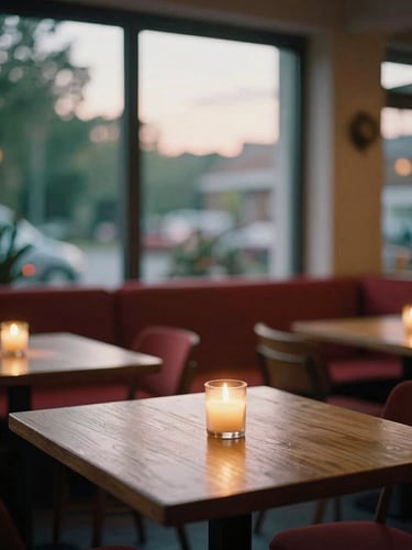 Cozy Scandinavian-style restaurant interior at dusk, warm ambient light glowing from candles on wooden tables, soft directional daylight fading outside, 35mm film look.