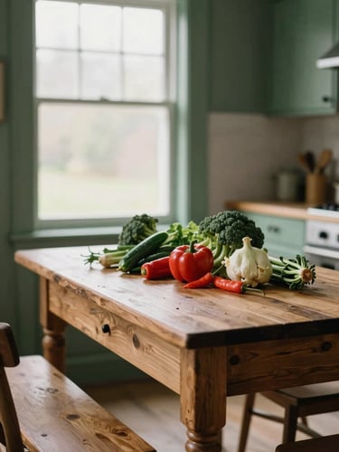 Cozy Scandinavian-style farmhouse kitchen table with raw seasonal vegetables, soft morning light filtering through a window, matte forest green accents.