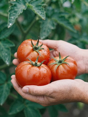 Close-up of weathered hands holding heirloom tomatoes in soft natural daylight, rich crimson tones, shallow depth of field, 35mm film look.