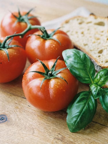 Soft natural daylight on a rustic wooden table with ripe heirloom tomatoes, fresh basil, and sourdough bread, rich crimson and forest green tones, shallow depth of field, 35mm film look