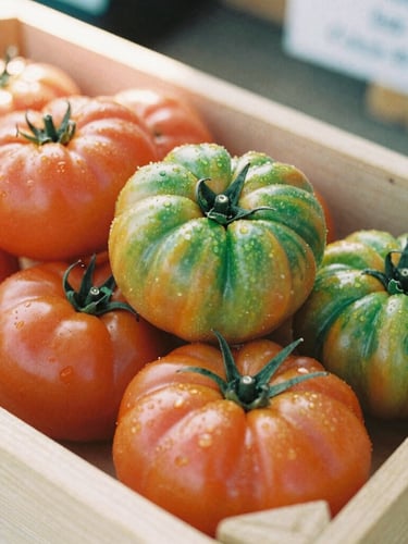 Close-up of vibrant organic heirloom tomatoes stacked in a wooden crate at a sunlit boutique market stall, shallow depth of field, 35mm film look