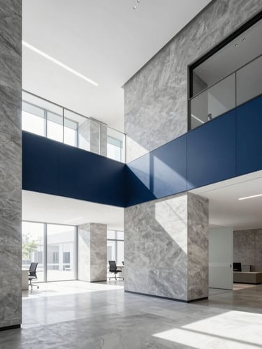 Wide architectural angle of a modern, clean corporate office interior with sharp slate and navy geometric structures, bright natural daylight.