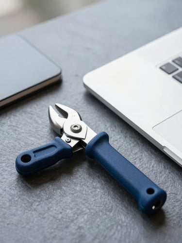 Macro shot of professional tools, a clean notebook and laptop on a slate-colored table, sharp contrasts, cool natural light.