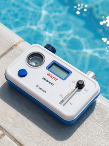 Top-down macro shot of a professional water testing kit resting on clean pool tile, vibrant blue water sparkling in the background under direct bright sunlight.