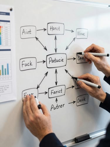 Close overhead shot of a whiteboard covered in handwritten strategic framework arrows and phase labels, two sets of hands visible holding markers mid-session, a printed analytics report pinned to the left edge, bright studio lighting, clean and focused workspace