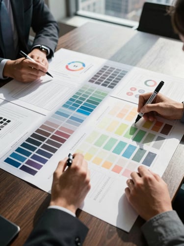 Close overhead shot of a brand strategy session, large printed mood boards and color swatches spread across a conference table, two sets of hands annotating with markers, bright natural daylight from a side window, Chicago skyline faintly visible through glass in the background