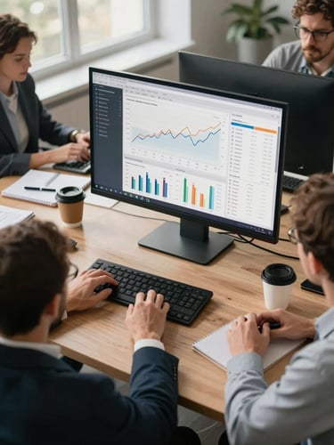 Wide shot from above of a professional marketing team gathered around a large monitor displaying analytics dashboards with trend lines and campaign metrics, natural north-facing office light, hands on keyboards mid-review, organized workspace with notebooks and coffee