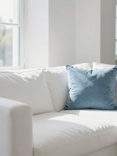 Bright sunlit modern living room with pristine white sofa, natural daylight streaming through large windows, soft blue cushions, sharp focus, 35mm