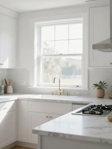 Bright sunlit modern kitchen with white cabinets, marble countertops, natural high-key daylight streaming through a large window, sharp focus, 35mm