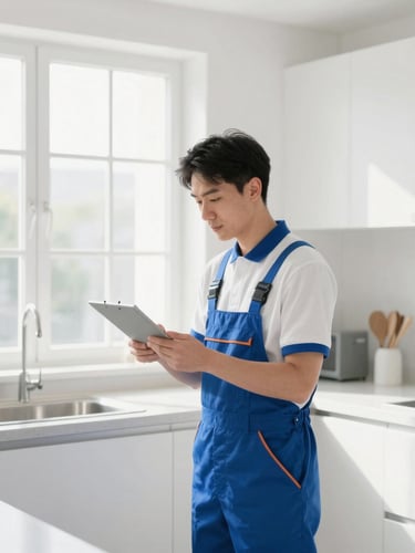 A professional local cleaning manager in a neat uniform inspecting a sunlit, immaculate residential kitchen, bright high-key interior photography, 35mm