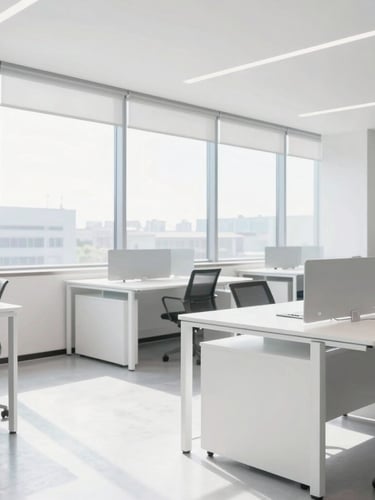 Bright modern office space with large windows, clean white desks, minimalist chairs, sunlit interior, crisp focus, 35mm