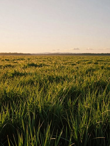 Vertical portrait of vast Pacific Northwest prairie acreage under golden-hour sunlight, deep green native grasses in the foreground, soft warm sky, 35mm photography