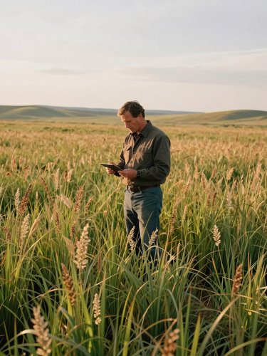 An agricultural consultant in work clothes standing in a vast Idaho field, looking over native grasses under a soft overcast sky, natural lighting