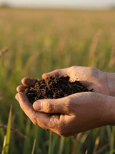 Extreme close-up of rich dark soil held in weathered hands, native prairie grasses in the soft-focus background, warm golden-hour side-lighting, editorial photography, 35mm