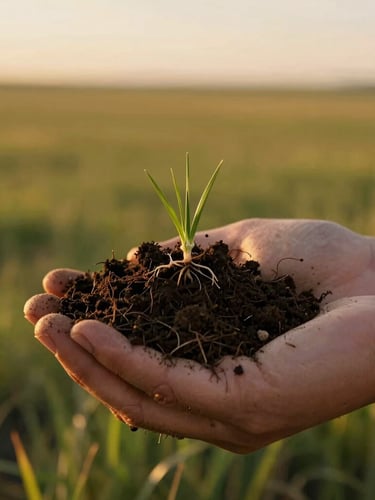 Extreme close-up macro photography of rich dark prairie soil held in hands, native Idaho grass roots visible, warm golden-hour light, 35mm