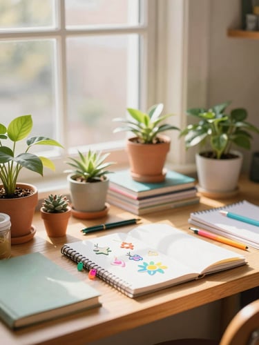 A cozy, warm artist desk covered in potted plants, sketchbooks, and colorful acrylic charms, soft golden-hour light streaming through a window, 35mm