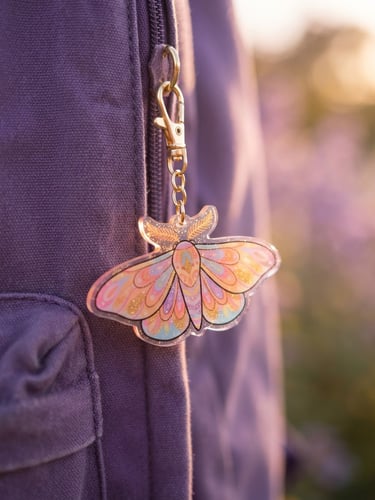 Close-up of a whimsical acrylic moth keychain catching warm golden-hour sunlight on a backpack, soft purple background, 35mm
