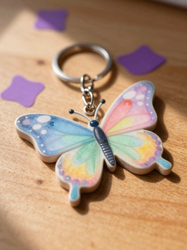 Close-up of colorful acrylic butterfly keychain catching natural morning sunlight, casting vibrant purple shadows on a warm wooden desk, 35mm