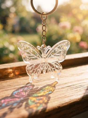 Macro close-up of a transparent acrylic butterfly keychain catching bright warm golden-hour sunlight, casting colorful shadows, soft morning daylight, 35mm