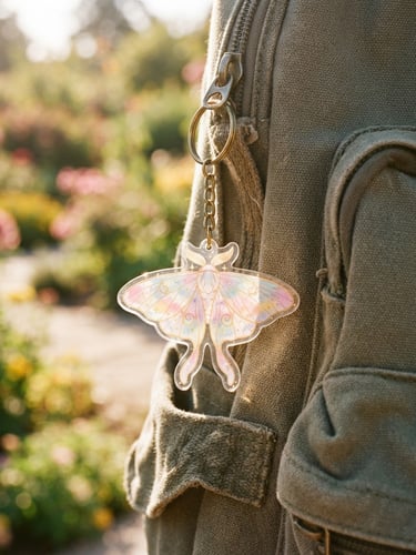 Close-up of a whimsical transparent acrylic moth keychain dangling from a backpack outdoors, catching bright natural golden-hour sunlight, soft pastel tones, 35mm