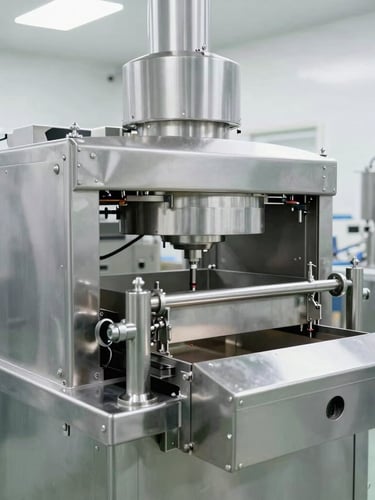 Bright industrial photography of a clean food processing facility, stainless steel machinery, high-key natural light, crisp details, 35mm
