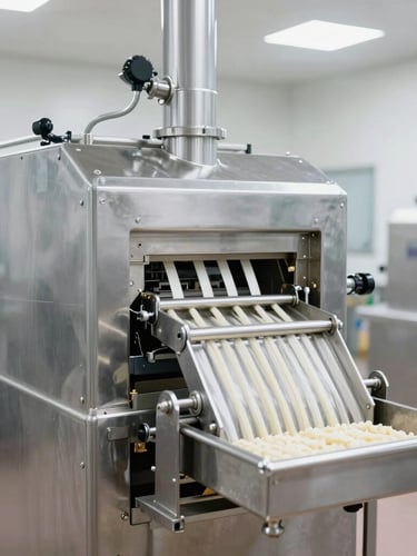Bright industrial photography of clean food processing facility, stainless steel machinery, high-key natural light, crisp details, 35mm