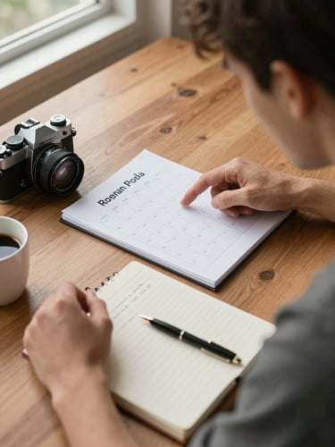 Close overhead shot of two people at a wooden table, one pointing at a printed content calendar, the other's hand resting on an open notebook with handwritten notes, a small film camera set to one side, warm window light from above left, coffee cup at the edge of frame — a working session, nothing posed