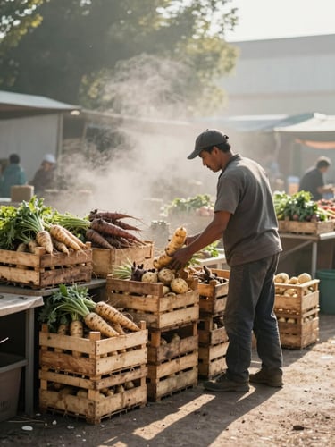 Environmental wide shot: a farmer standing at an open-air market stall in early morning light, back partially turned, arranging wooden crates of root vegetables, mist visible in the background, shadows long and natural, no eye contact with camera