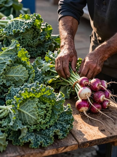 Wide left-anchored frame: a farmer's weathered hands arranging bundles of kale and radishes on a wooden market stall surface at early morning, golden side-light raking across the vegetables, shadow falling naturally to the right, no posing, task-focused