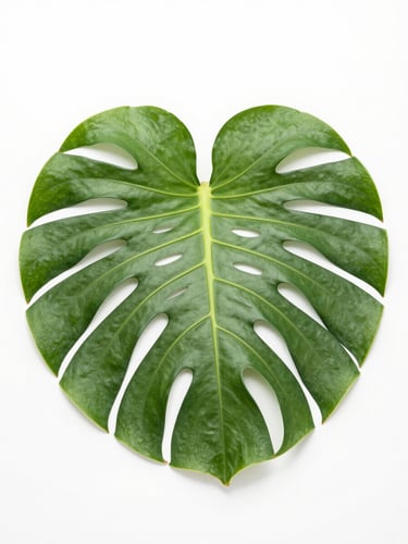 A single vibrant green monstera leaf with distinct architectural cuts, isolated on a stark white plaster background, captured under flat shadowless high-key studio light, dead-center overhead macro shot with massive negative space.