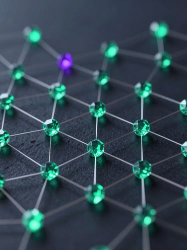 Sleek 3D render of interconnected glowing emerald nodes on a deep slate background, macro focus, technical regulatory network aesthetic.