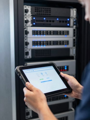 A professional network technician using a tablet diagnostic tool in front of a neatly organized server rack with blue LED indicator lights, bright natural light, shallow depth of field