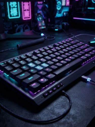 Sleek mechanical keyboard with glowing violet and cyan backlights, sharp focus on keycaps, dark cyber gaming environment, 3D digital render
