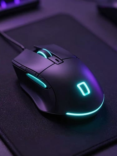 Macro shot of a high-tech gaming mouse glowing with electric cyan light on a dark obsidian pad, cyber retail atmosphere