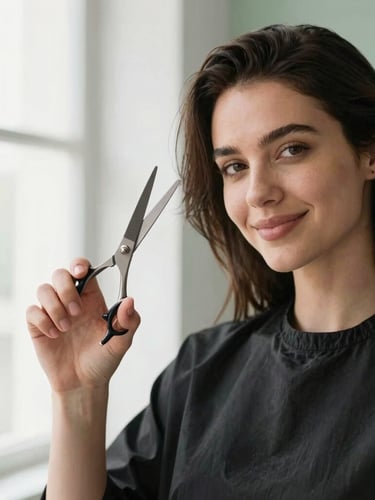 Portrait of a professional hair stylist with a warm, welcoming expression, holding shears, soft window light, clean minimalist background with subtle sage green accents.