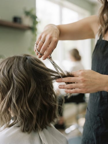 A close-up of hands precisely using shears to cut soft, textured hair under diffused natural daylight, minimalist salon background, shallow depth of field.