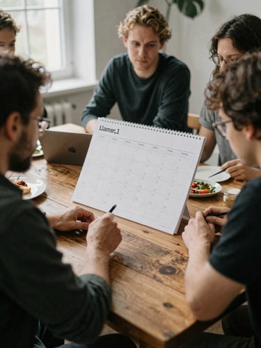 Candid medium shot of our creative agency team planning a content calendar around a rustic wooden table, soft natural indoor light, editorial style, 35mm film look.