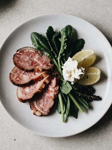 Overhead flat-lay of a Scandinavian-style plated dish with fresh local ingredients, soft north-facing daylight, rich desaturated tones, editorial culinary aesthetic.
