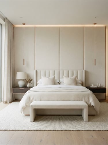 Straight-on architectural elevation of a luxurious master bedroom featuring custom floor-to-ceiling cream linen upholstered wall panels, soft natural window light, minimalist styling, 35mm