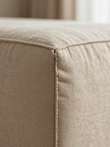 Macro detail shot of premium beige linen fabric stitching on an upholstered panel, showing immaculate straight seams and rich textile texture, soft warm side lighting, shallow depth of field