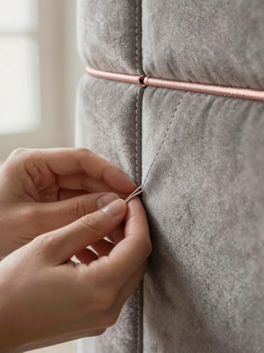Close-up macro detail of precise stitching on a soft grey velvet upholstered panel, artisan hands gently touching the fabric edge, warm natural light, shallow depth of field