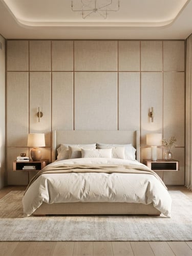 Straight-on architectural elevation of a luxurious master bedroom featuring floor-to-ceiling bespoke linen upholstered wall panels in soft sand tones, perfect alignment, warm natural window light, 35mm photography