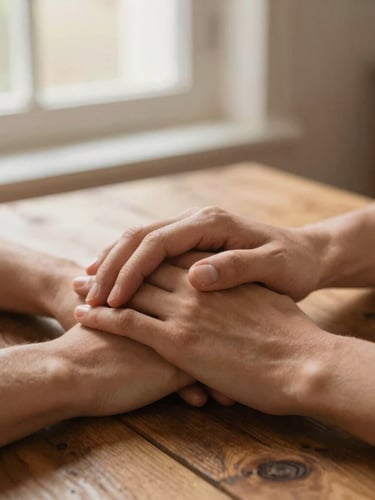 Close-up of two hands gently holding each other on a rustic wooden table, soft warm natural window light, terracotta tones, shallow depth of field, intimate