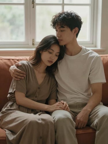 Intimate portrait of a couple sitting on a warm terracotta couch, soft natural window light, muted earthy tones, shallow depth of field
